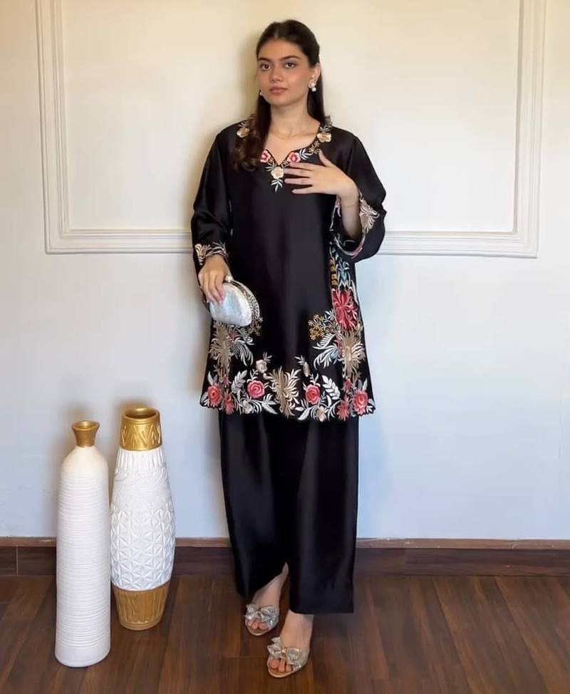 Black rayon satin thread work palazzo suit set