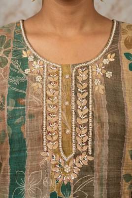 Olive pure cotton lilan shimmer printed suit set with handwork 2