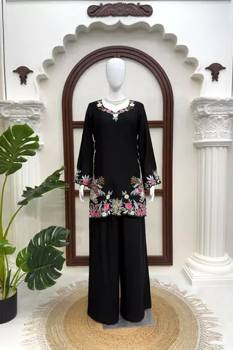 Black rayon satin thread work palazzo suit set