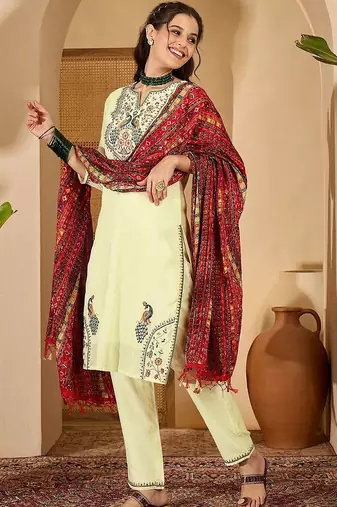 Women ethnic motifs thread work kurta with trousers & with dupatta