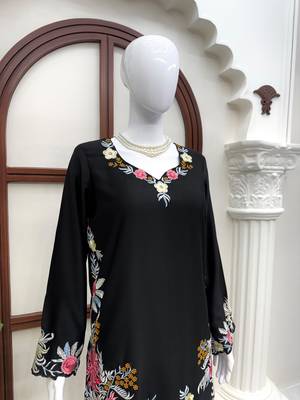Black rayon satin thread work palazzo suit set 3