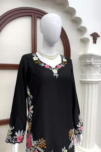 Black rayon satin thread work palazzo suit set
