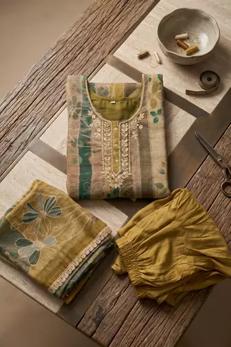 Olive pure cotton lilan shimmer printed suit set with handwork