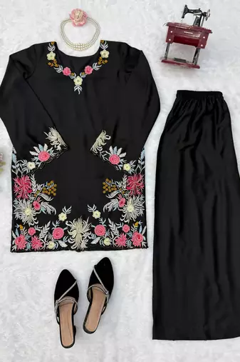 Black rayon satin thread work palazzo suit set