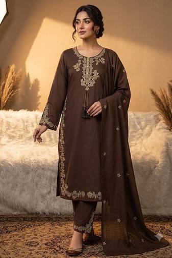 Brown roman embroidered kurti palazzo set with dupatta