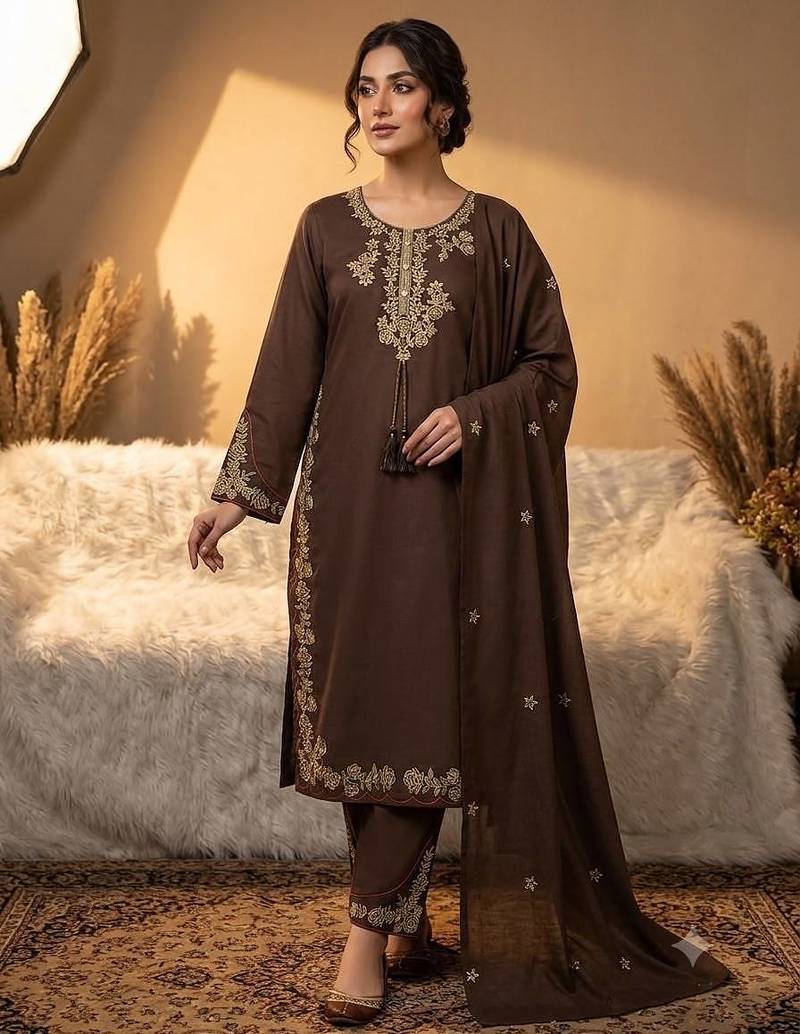 Brown roman embroidered kurti palazzo set with dupatta