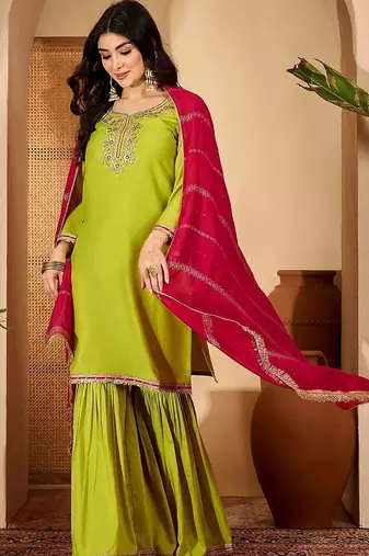 Floral embroidered kurta with palazzos & dupatta