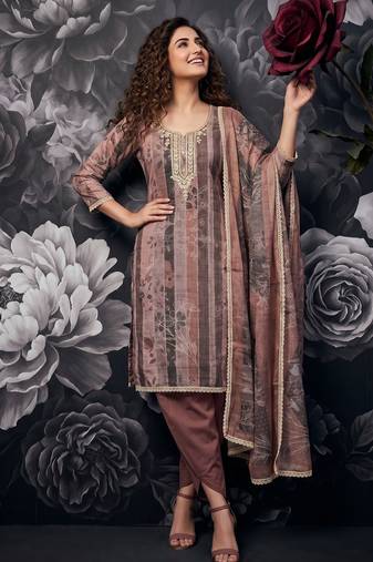 Mauve pure cotton lilan shimmer printed suit set with handwork