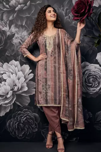 Mauve pure cotton lilan shimmer printed suit set with handwork