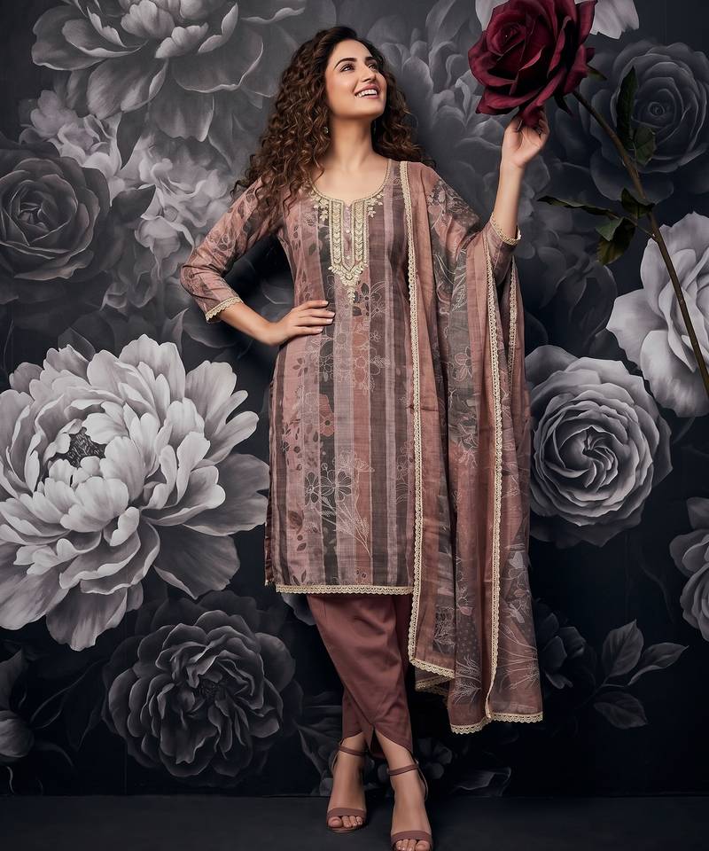 Mauve pure cotton lilan shimmer printed suit set with handwork