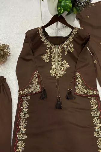 Brown roman embroidered kurti palazzo set with dupatta