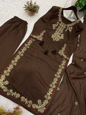Brown roman embroidered kurti palazzo set with dupatta 3