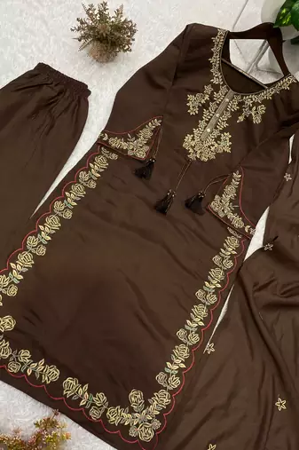 Brown roman embroidered kurti palazzo set with dupatta