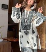 White rayon butti silk embroidered kurti pant set