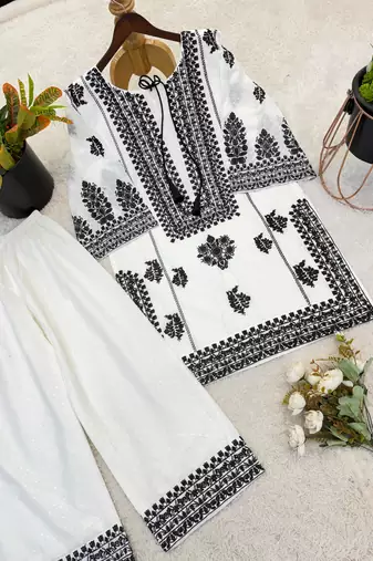 White rayon butti silk embroidered kurti pant set