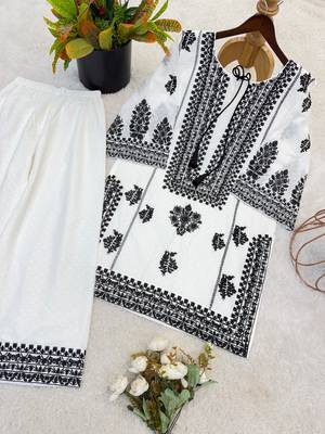 White rayon butti silk embroidered kurti pant set 3