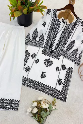 White rayon butti silk embroidered kurti pant set