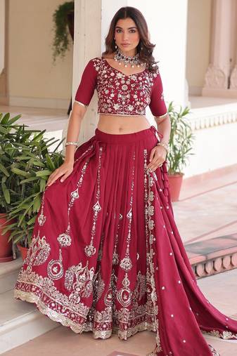 Maroon Silk Semi Stitched Lehenga Choli with Embroidery & Sequence Work