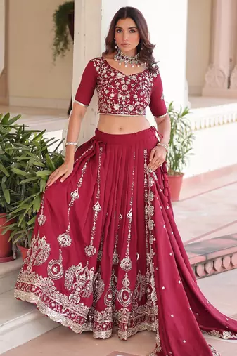 Maroon Silk Semi Stitched Lehenga Choli with Embroidery & Sequence Work