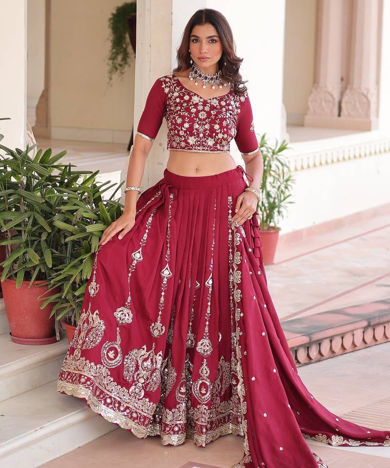 Maroon Silk Semi Stitched Lehenga Choli with Embroidery & Sequence Work