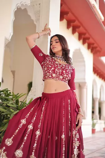 Maroon Silk Semi Stitched Lehenga Choli with Embroidery & Sequence Work