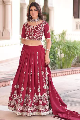Maroon Silk Semi Stitched Lehenga Choli with Embroidery & Sequence Work