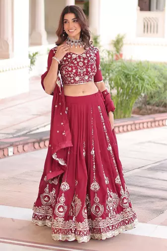 Maroon Silk Semi Stitched Lehenga Choli with Embroidery & Sequence Work