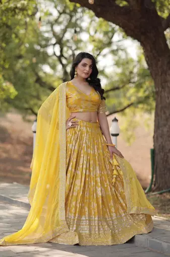 Yellow Viscose Semi Stitched Lehenga Choli with Embroidery & Sequence Work