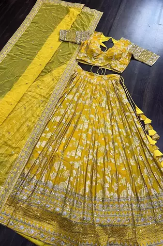 Yellow Viscose Semi Stitched Lehenga Choli with Embroidery & Sequence Work