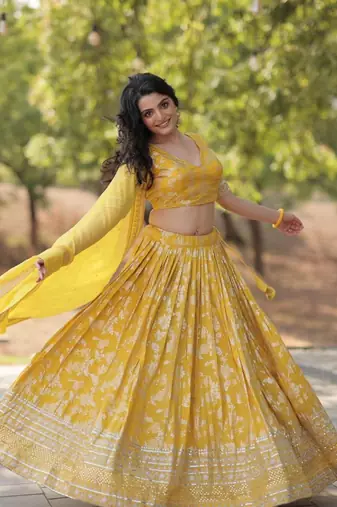 Yellow Viscose Semi Stitched Lehenga Choli with Embroidery & Sequence Work