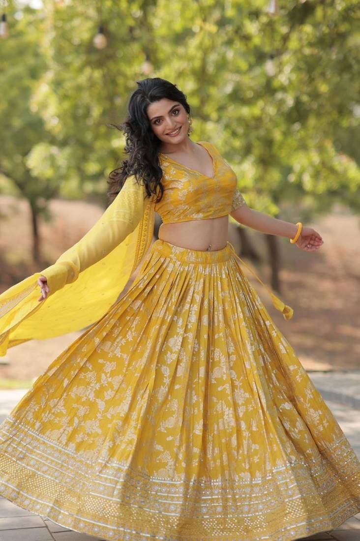 Yellow Viscose Semi Stitched Lehenga Choli with Embroidery & Sequence Work