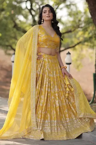 Yellow Viscose Semi Stitched Lehenga Choli with Embroidery & Sequence Work