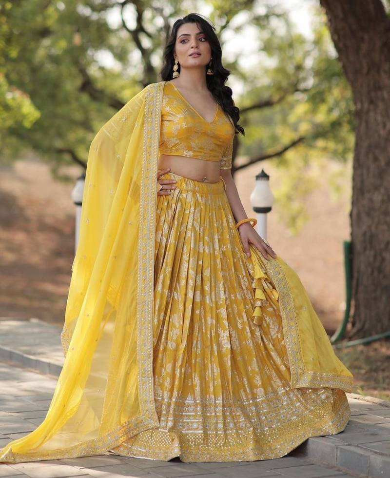 Yellow Viscose Semi Stitched Lehenga Choli with Embroidery & Sequence Work