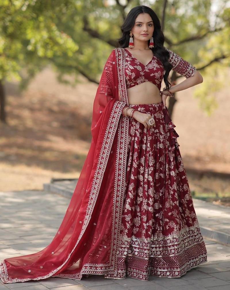 Maroon Viscose Semi Stitched Lehenga Choli with Embroidery & Sequence Work