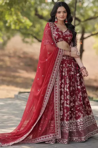 Maroon Viscose Semi Stitched Lehenga Choli with Embroidery & Sequence Work