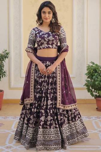 Purple Viscose Semi Stitched Lehenga Choli with Embroidery & Sequence Work