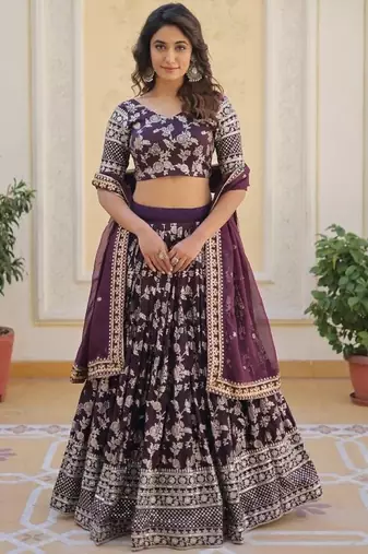 Purple Viscose Semi Stitched Lehenga Choli with Embroidery & Sequence Work