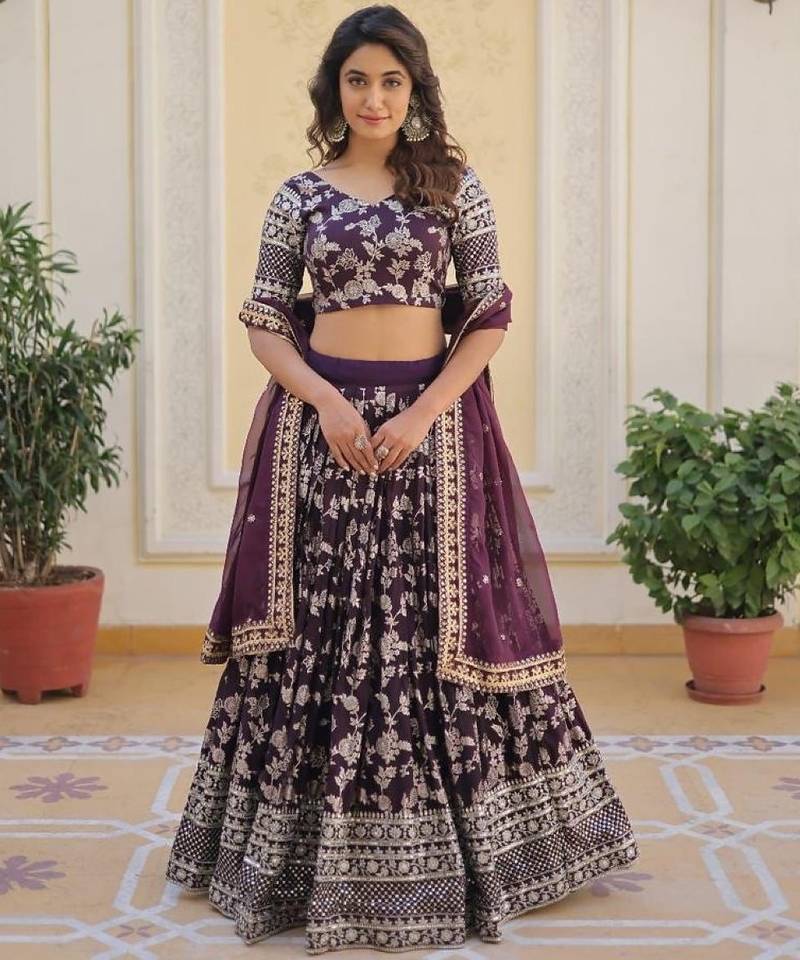Purple Viscose Semi Stitched Lehenga Choli with Embroidery & Sequence Work