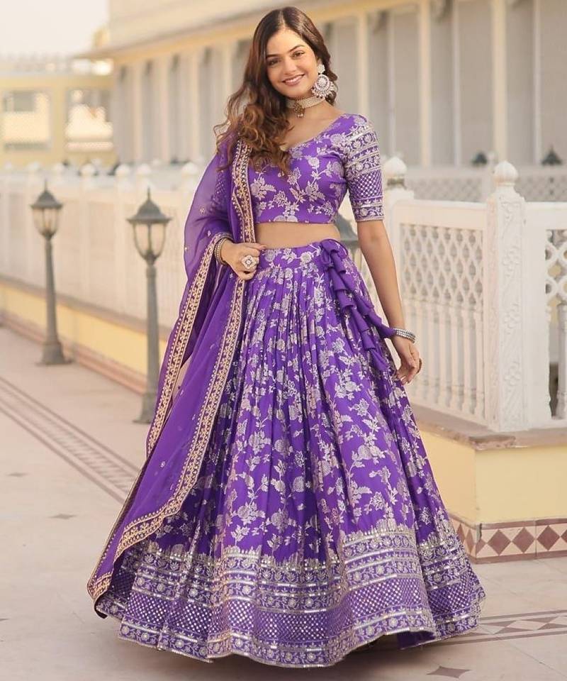 Violet Viscose Semi Stitched Lehenga Choli with Embroidery & Sequence Work