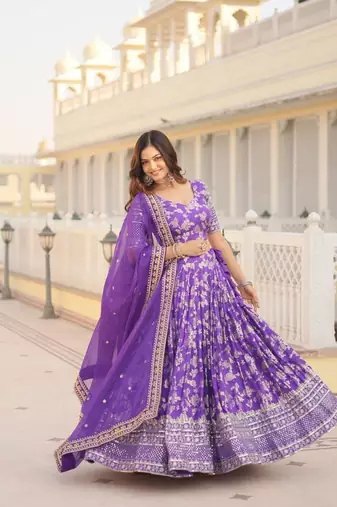 Violet Viscose Semi Stitched Lehenga Choli with Embroidery & Sequence Work