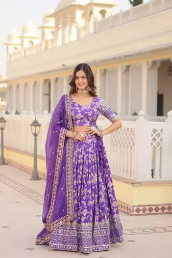 Violet Viscose Semi Stitched Lehenga Choli with Embroidery & Sequence Work