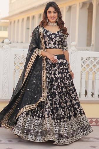 Black Viscose Semi Stitched Lehenga Choli with Embroidery & Sequence Work