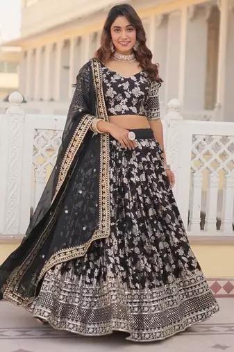 Black Viscose Semi Stitched Lehenga Choli with Embroidery & Sequence Work