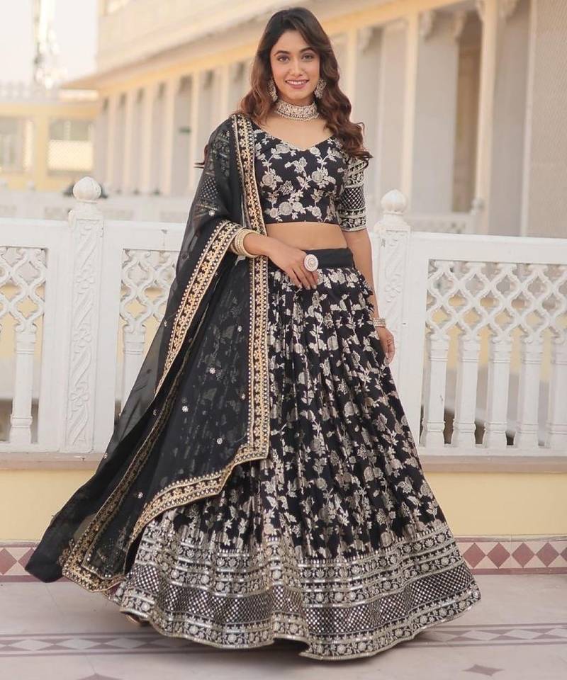 Black Viscose Semi Stitched Lehenga Choli with Embroidery & Sequence Work