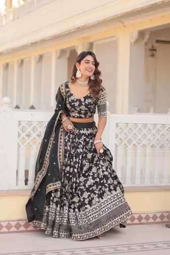 Black Viscose Semi Stitched Lehenga Choli with Embroidery & Sequence Work