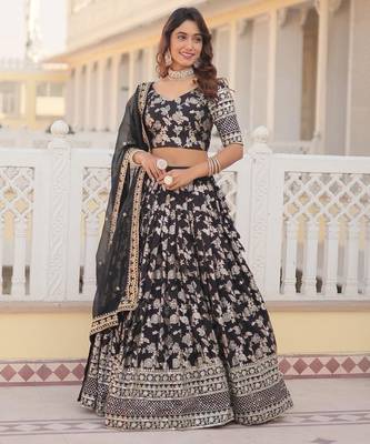 Black Viscose Lehenga Choli with Embroidery & Sequin Work 4