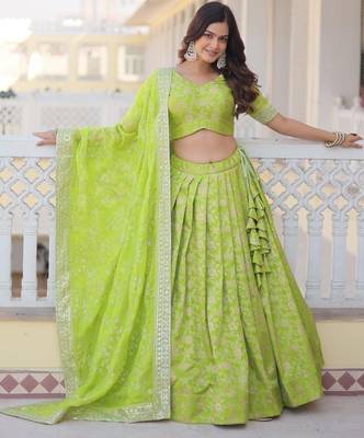Green Viscose Semi Stitched Lehenga Choli with Embroidery & Sequence Work 1