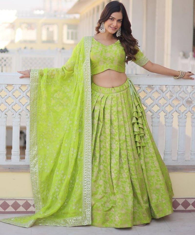 Green Viscose Semi Stitched Lehenga Choli with Embroidery & Sequence Work