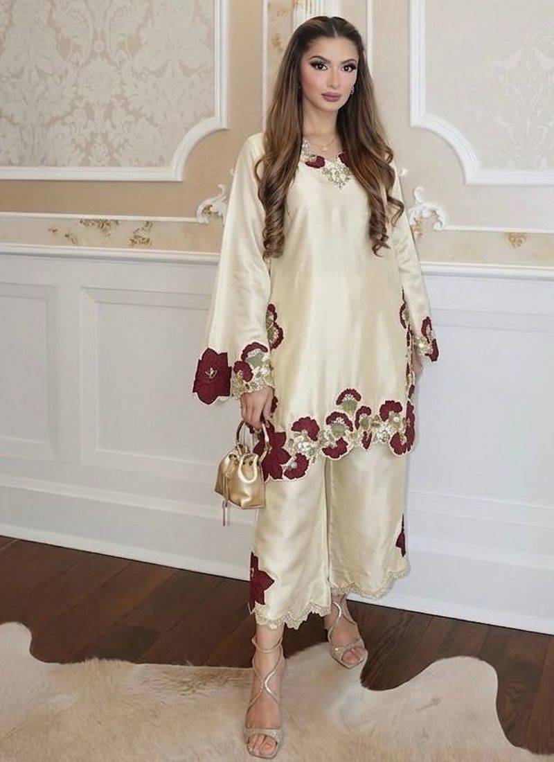 Cream roman glass embroidered suit set with digital print dupatta