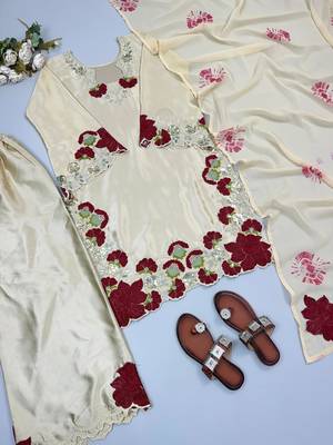 Cream roman glass embroidered suit set with digital print dupatta 2